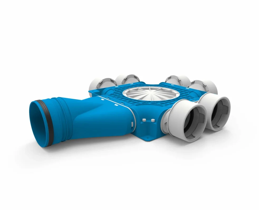 Vent-Axia Uniflexplus ventilatie samengestelde verdeler 6x Ø90mm met horizontale tuit Ø125mm Voordeelprijs