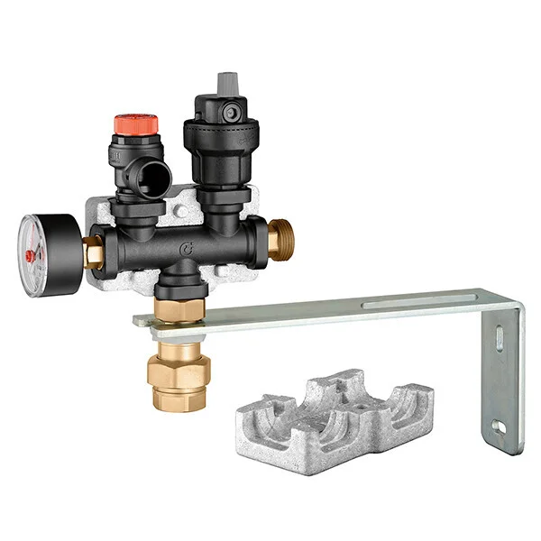 Koopje Caleffi expansievatbeugel 3/4" kunststof 3 bar Ontlucher, overstort, manometer,automatische expansievatkoppeling