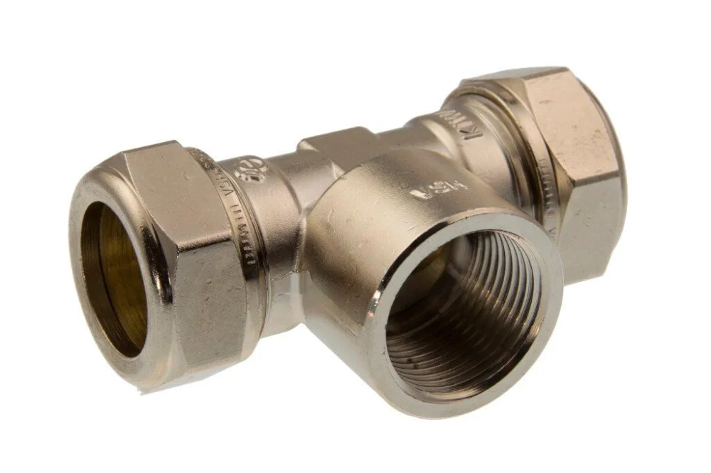 VSH Super Knel t-stuk binnendraad 15 x 1/4" x 15 messing vernikkeld Speciale Aanbieding