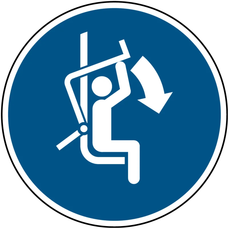 Brady - Gebodspictogram - Sluit de veiligheidsbeugel van stoeltjeslift – ISO 7010 - M/M033/NT-PP-DIA100/1-B - 135378 - 86135378 Beperkte Voorraad