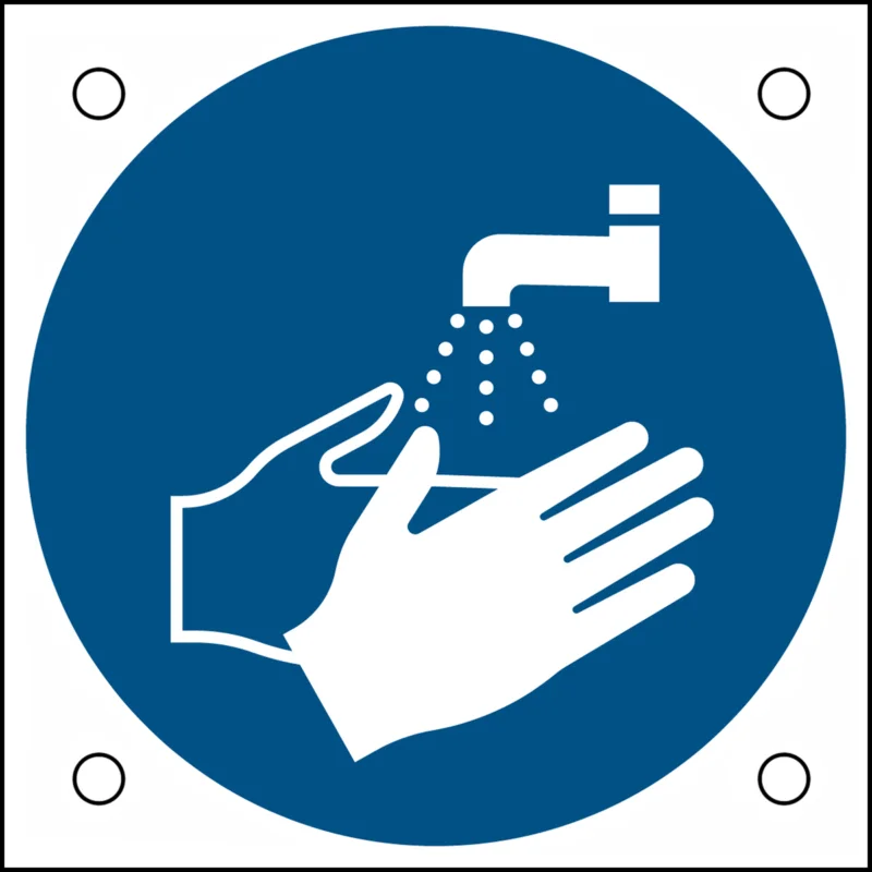Brady - Gebodspictogram - ISO-veiligheidspictogram – Handen wassen verplicht - M/M011/NT/ALU05-50X50-1 - 302683 - 86302683 Veilige Betaling