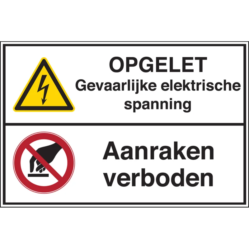 Tijdelijk Beschikbaar Brady - Verbodspictogram - Gecombineerde pictogram - Opgelet ! Gevaarlijke elektrische spanning / Aanraken verboden - OPGELET Gevaarlijke elektrische spanning Aanraken verboden - STN 278-450X300-B7527 - 241398 - 86241398