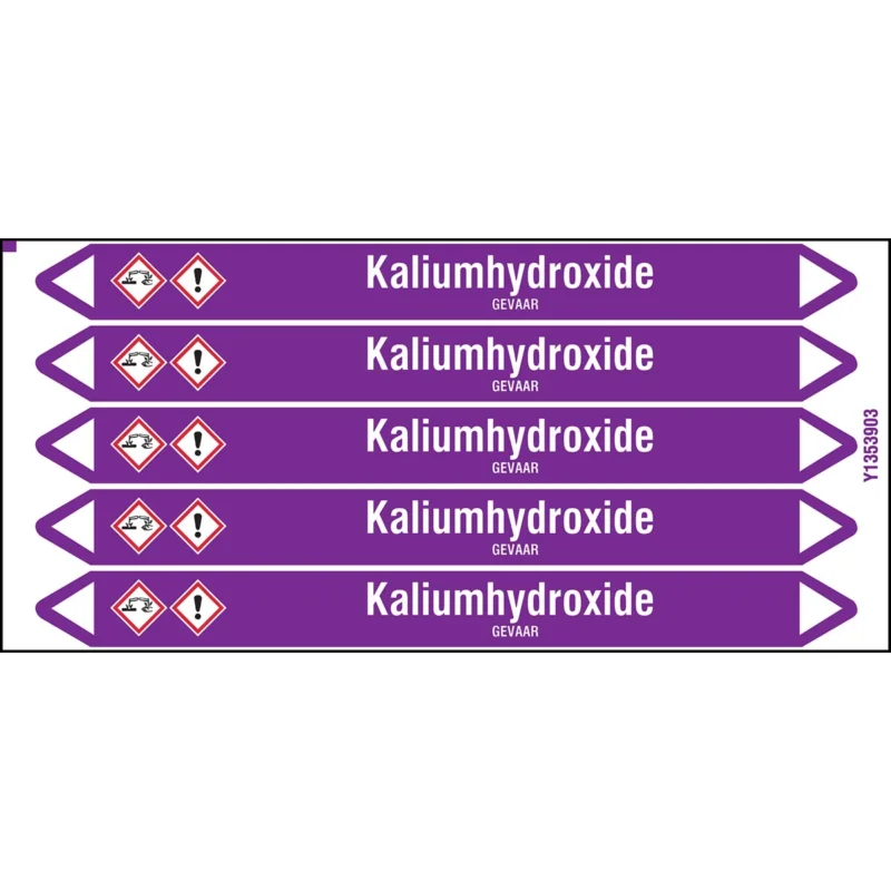 Shop Nu Brady - Standaard - Individuele leidingmerkers op kaart met geperforeerde pijlen, met pictogrammen - KALIUMHYDROXIDE150X12CARD-T1-P21 - N003838 - 86003838