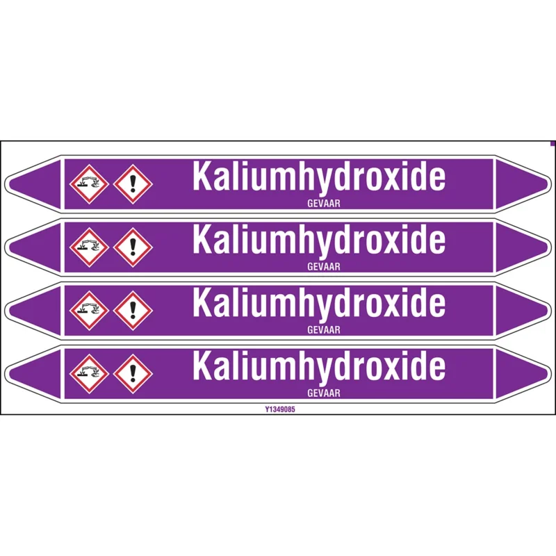 Brady - Standaard - Individuele leidingmerkers op kaart met geperforeerde pijlen, met pictogrammen - KALIUMHYDROXIDE250X26CARD-T1-P21 - N003839 - 86003839 Op = Op