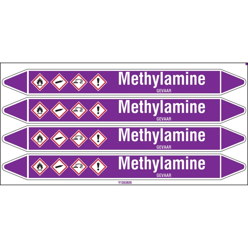 Brady - Standaard - Individuele leidingmerkers op kaart met geperforeerde pijlen, met pictogrammen - METHYLAMINE250X26CARD-T1-P21 - N003879 - 86003879 Bestseller