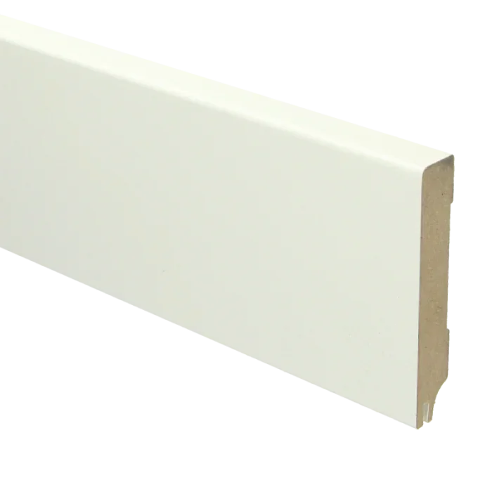 Vochtwerende MDF plint Modern 15x90mm wit Gelakt RAL9010 (Incl. geluid reducerende uitsparing) - 16332 Gratis Retour