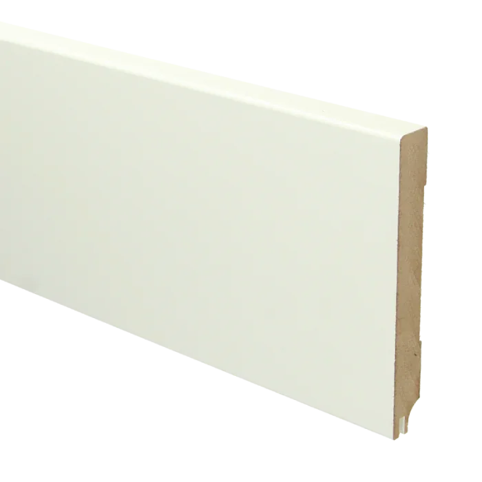 Bestel Nu Vochtwerende MDF plint Modern 15x120mm wit Gelakt RAL9010 (Incl. geluid reducerende uitsparing) - 16333