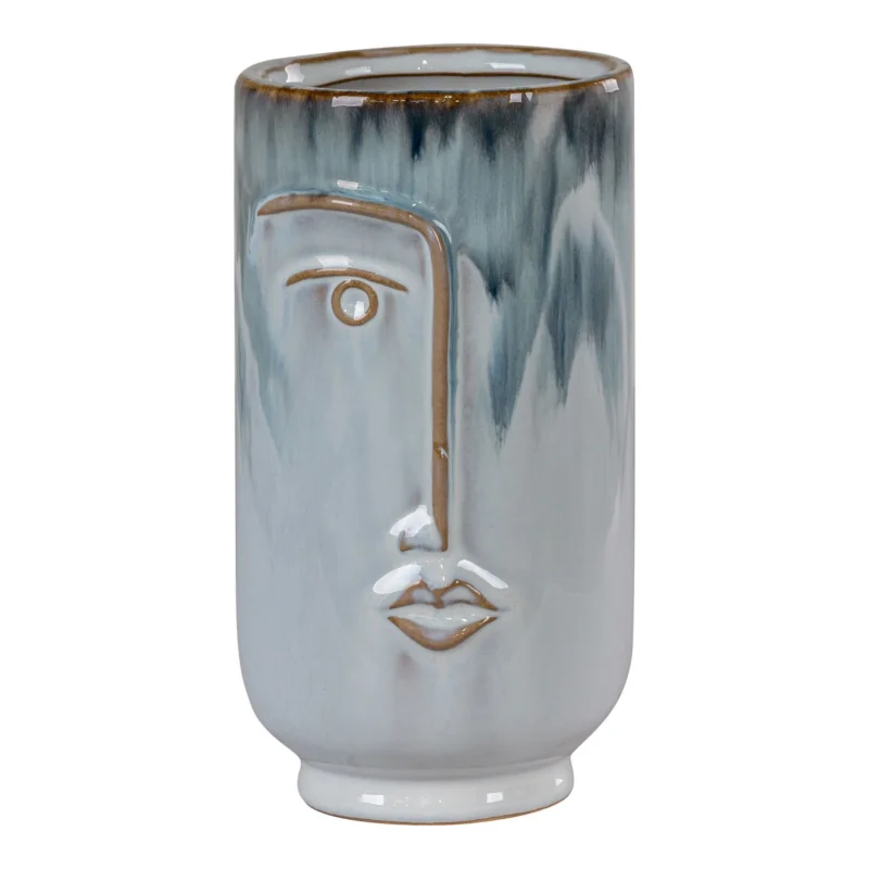 Vase - Vase in ceramic, 2-tone blue, with face, round, Ø9,5x17 cm Populair