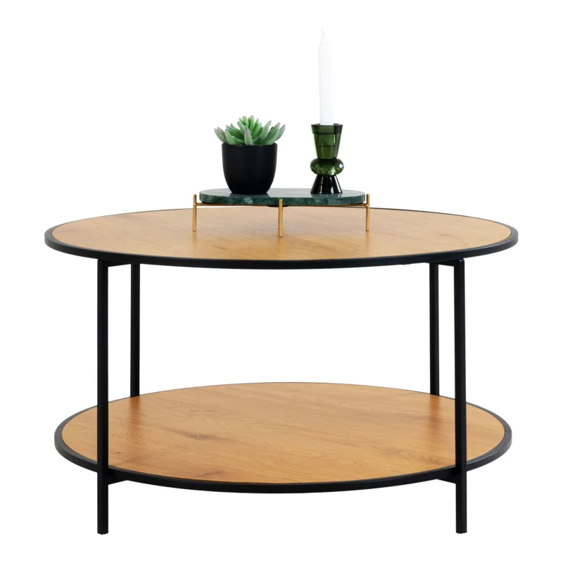 Vita Coffee Table - Round coffee table with black frame and oak look tops Ã˜80x45 cm Aanbieding
