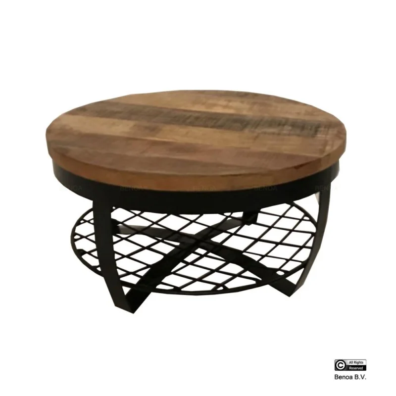 Benoa Salontafel Rond Metaal & Metalen Rek 65 Iron Stand Black Finish & Wood Natural Finish Lage Kosten